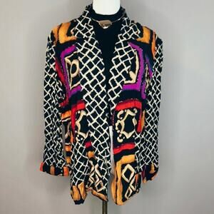 Vintage 80s Surya Beaded Geometric Print Blazer Boho Size Medium